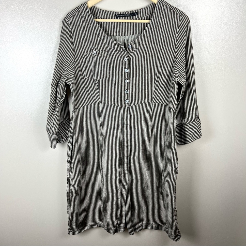 Gudron Sjoden Linen Shirt Dress Size Large Stripes Gray Brown Pockets Minimal
